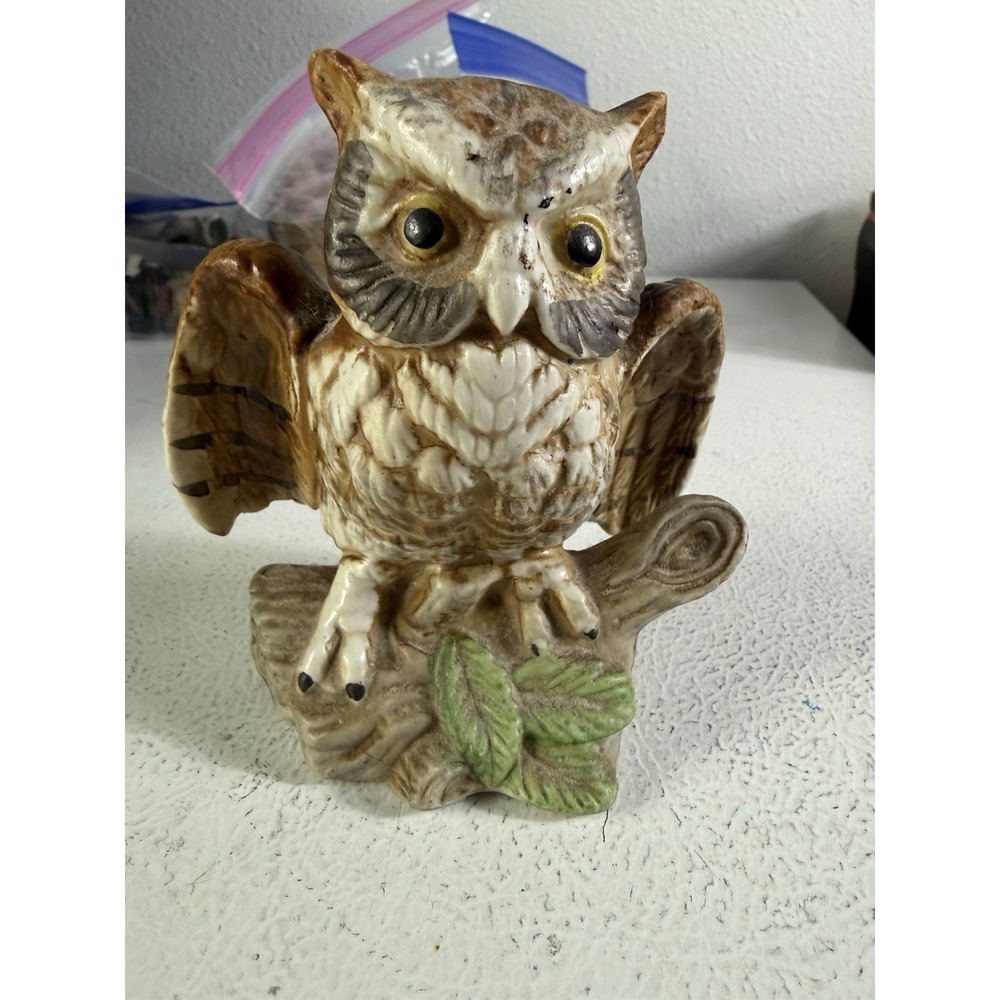 VTG Owl on Log Porcelain Figurine Decor made in Japan